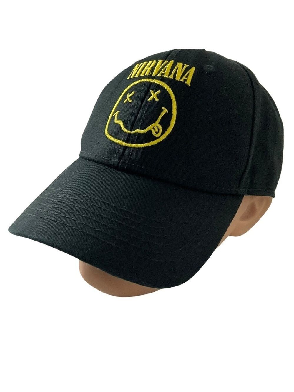 Nirvana Black Baseball Hat Embroidered Yellow Smile Face Logo Adjustable Cap